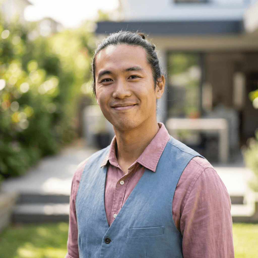 Michael Chen in a tailored suit at his office
