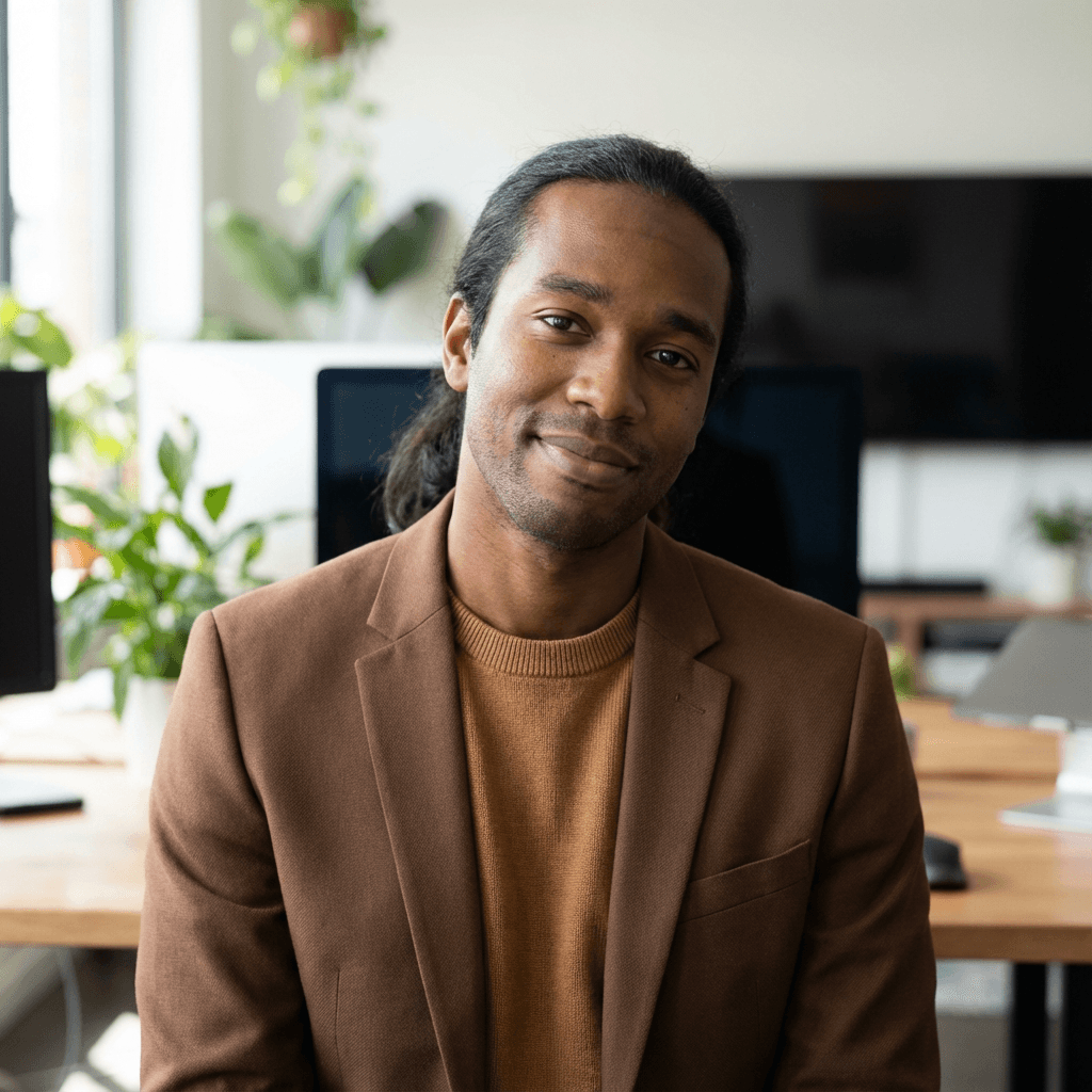 James Okafor in a charcoal blazer in a modern office