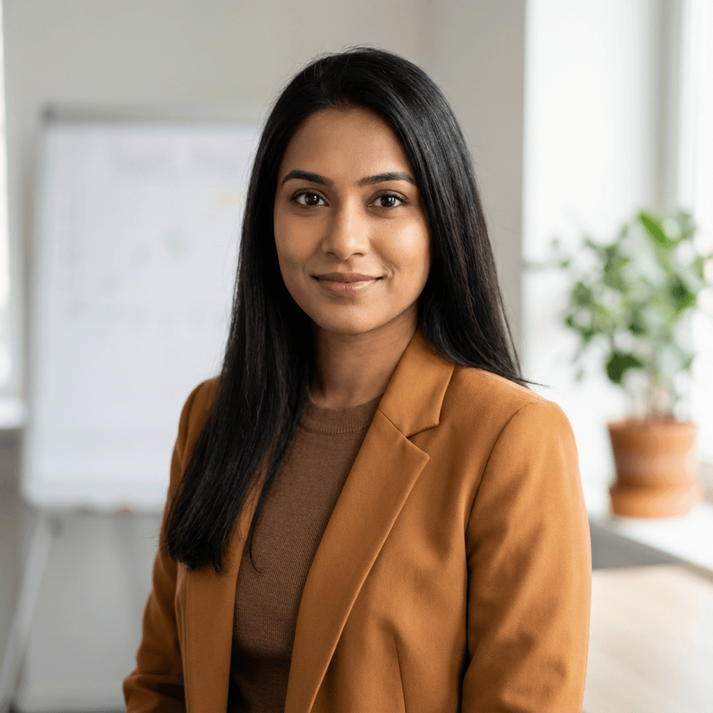 Professional woman in a tailored blazer smiling softly in a modern office