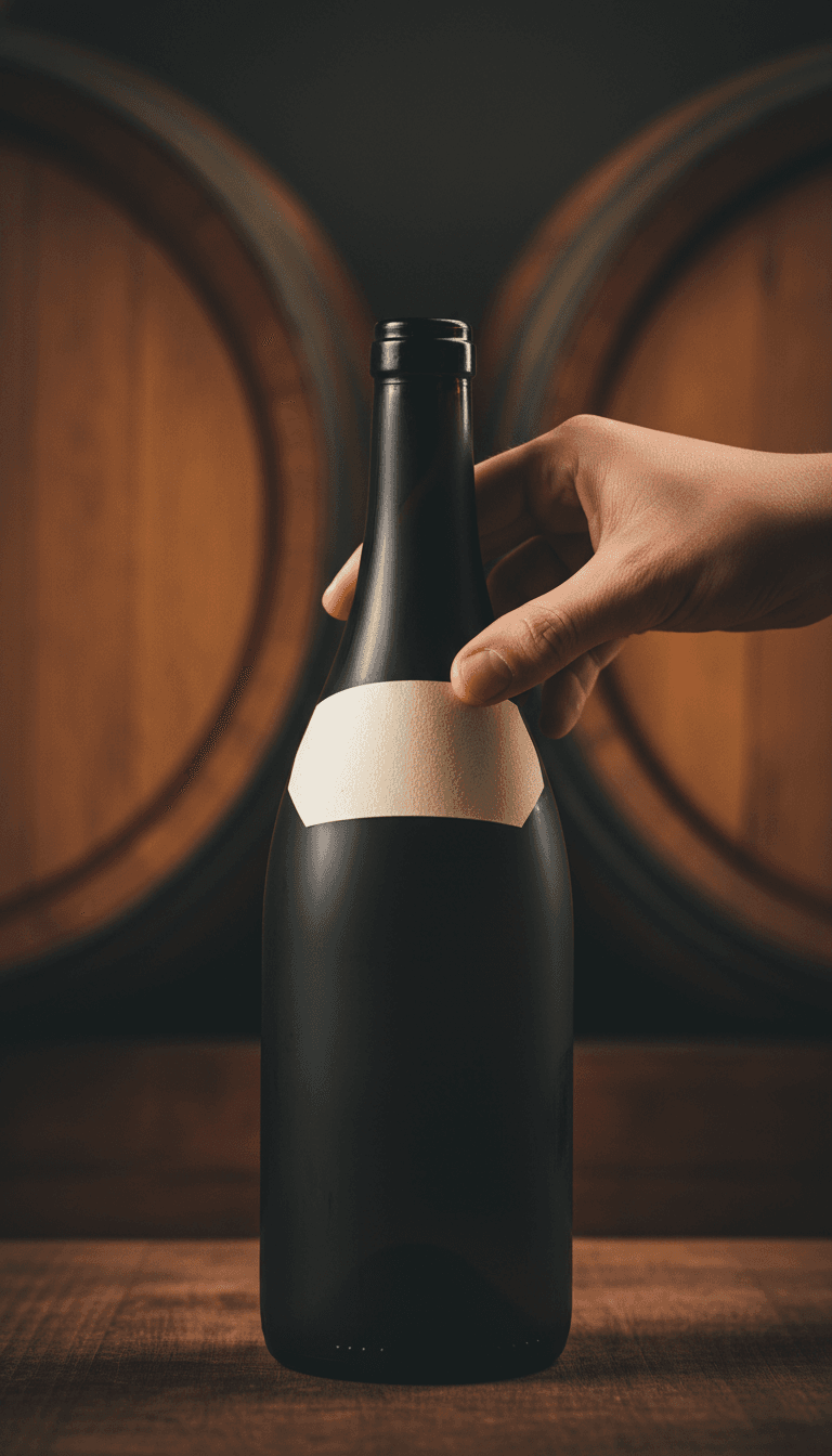 Hand applying a cream label to a dark wine bottle in a dim production space