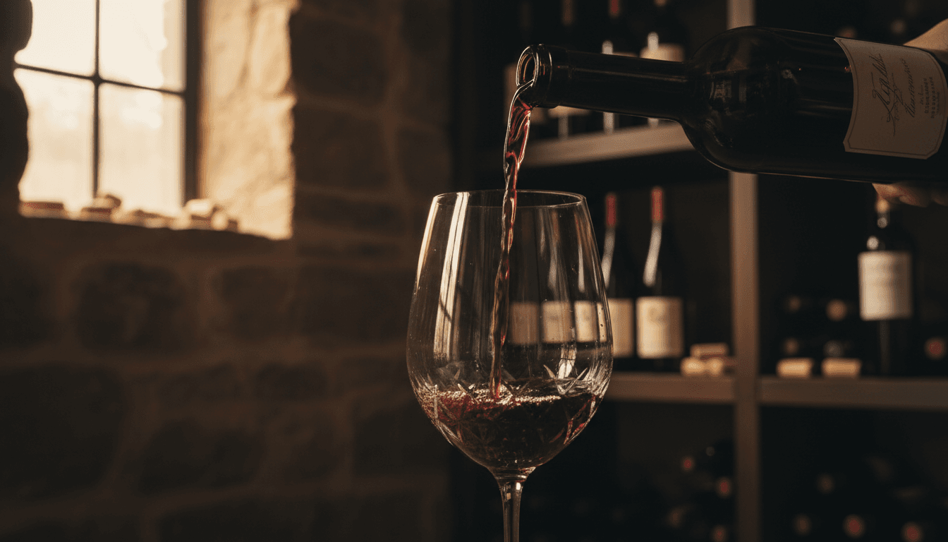 Wine being poured into a glass in a dim Toronto cellar