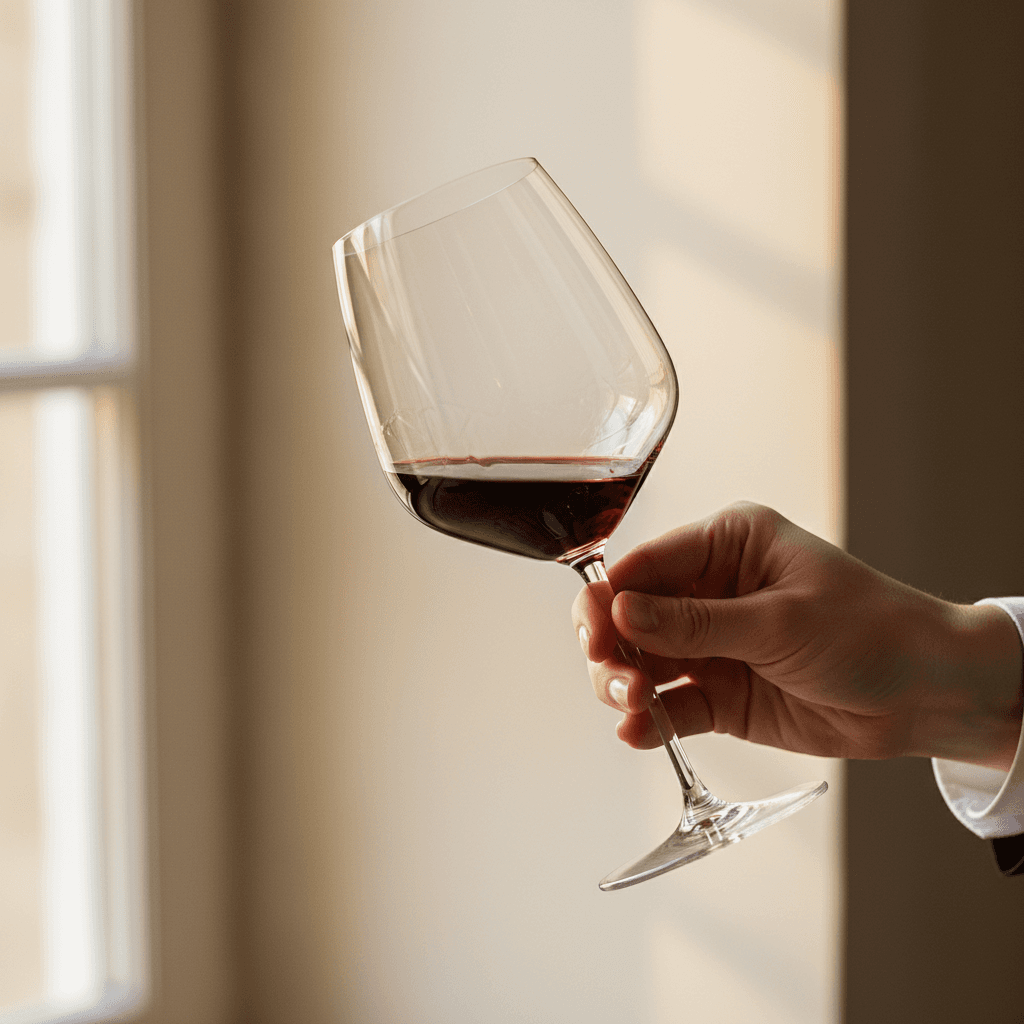 Hands carefully inspecting a wine bottle in a rustic cellar