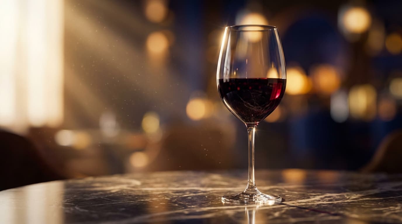 Hand holding a wine glass during an intimate private tasting in a dimly lit room