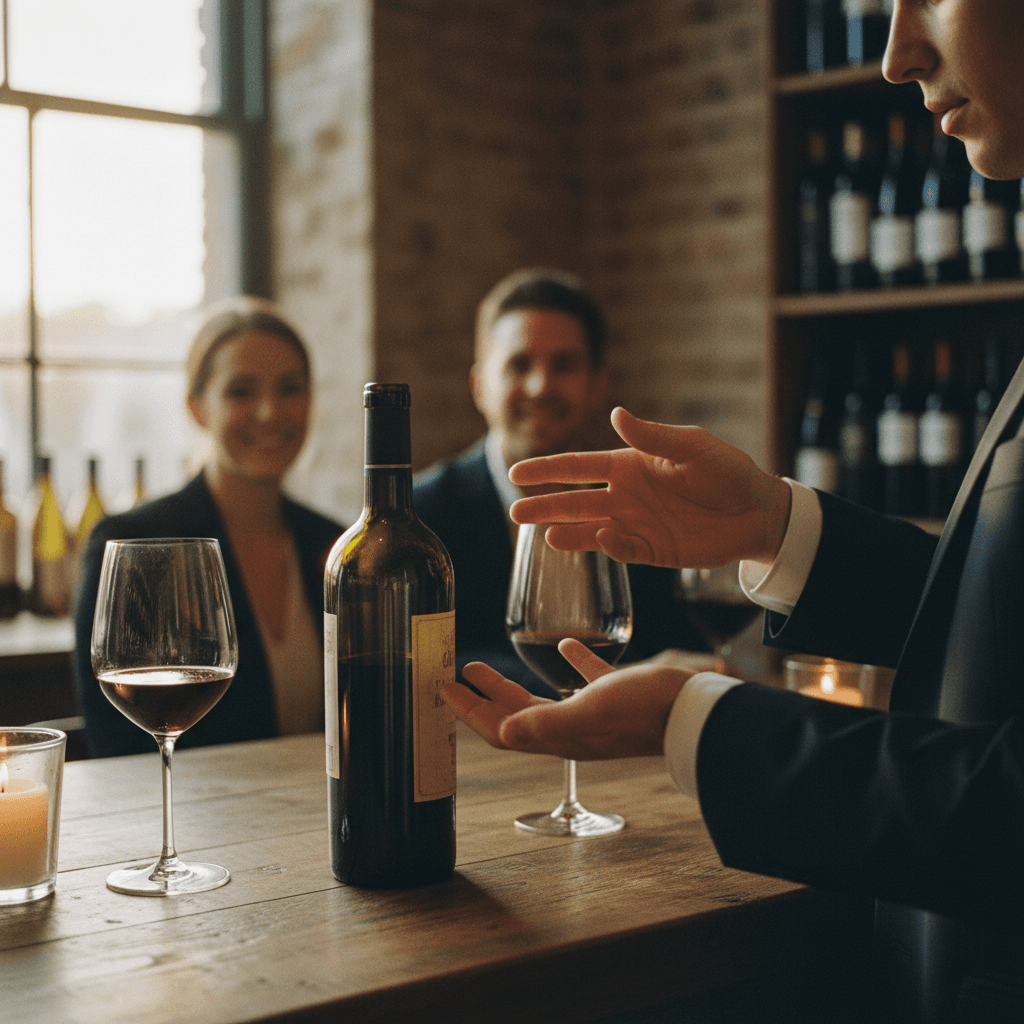 Hand pouring wine into a glass on a dark wood table in a dimly lit tasting room
