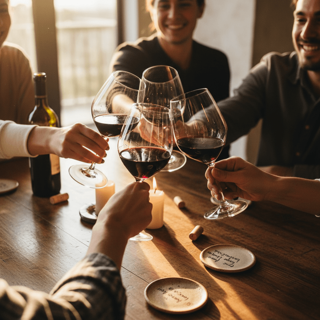 Host pouring wine for a guest at a small evening gathering