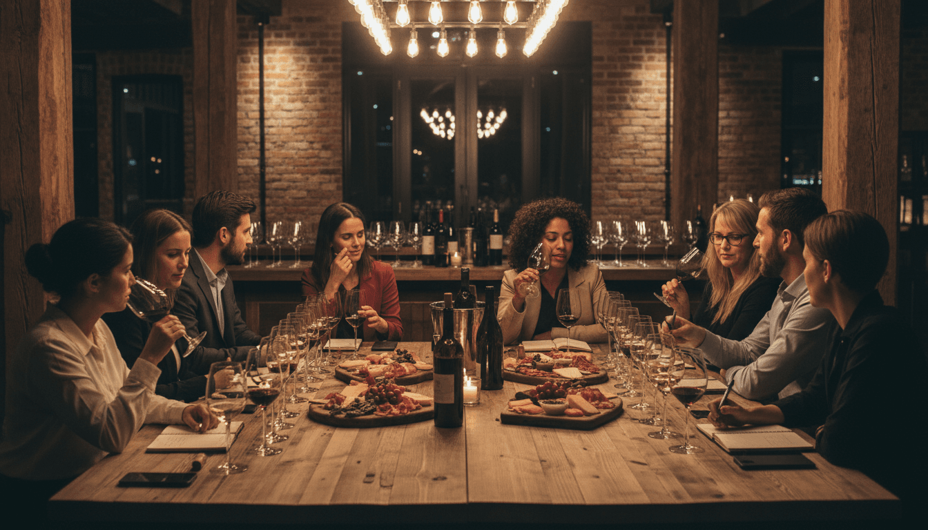 Crystal wine glasses on a long wooden table during a tasting