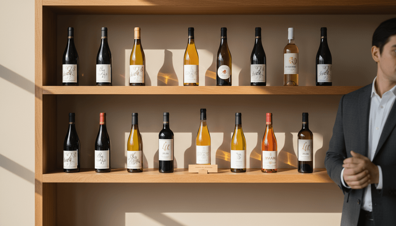 Bottles of red and white wine arranged on a dark oak table with a glass being poured