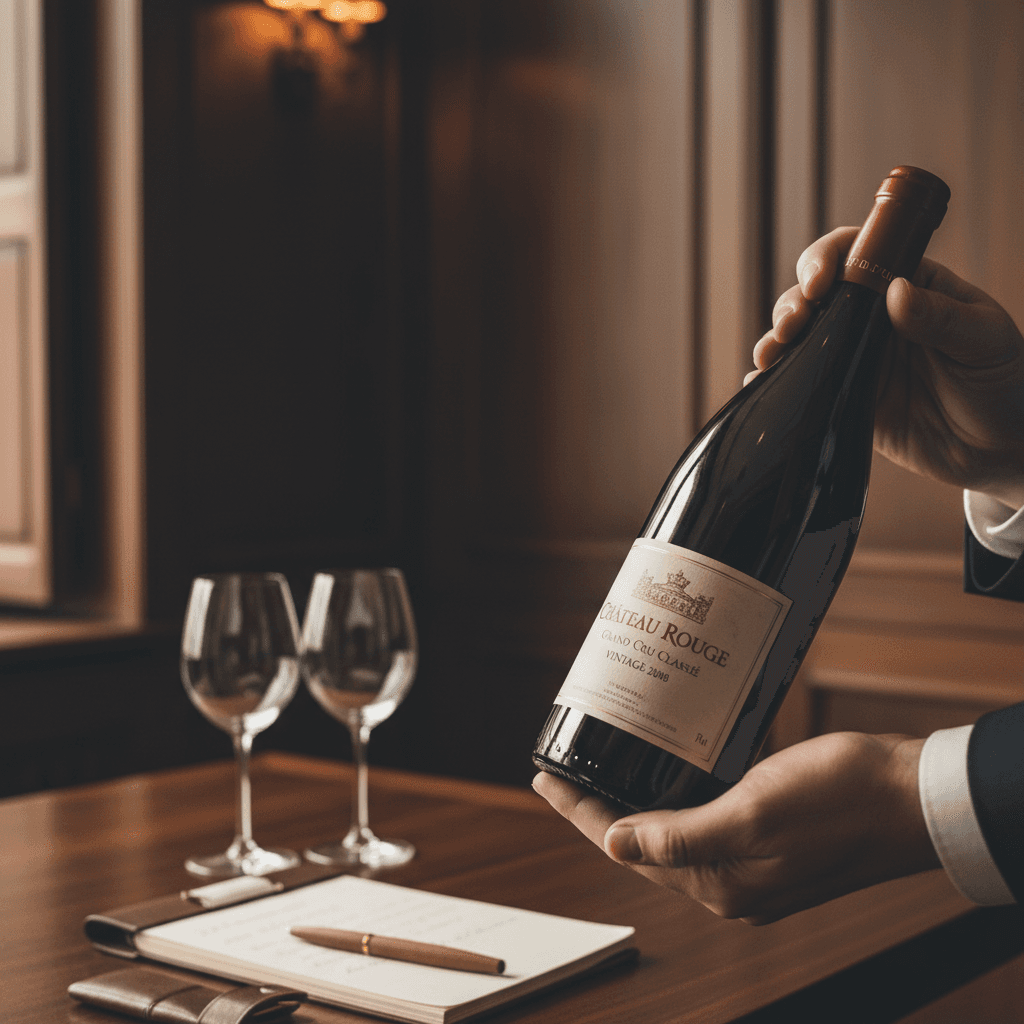 Hand inspecting a custom wine bottle label in a dim cellar