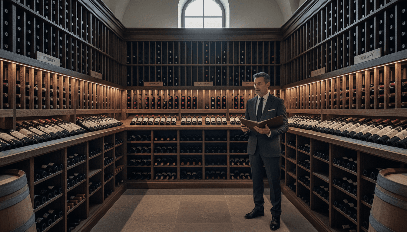 Curated wine bottles arranged on dark wood cellar shelving