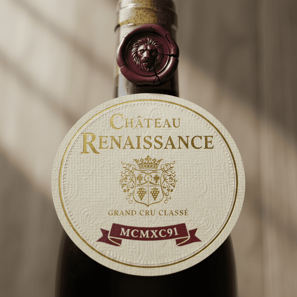 Hands applying a custom label to a dark wine bottle